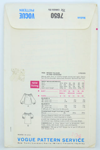 1969 Vogue 7650 Vintage Peasant Blouse Sewing Pattern Original 