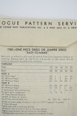 1952 Vintage Vogue 7787 Jumper Dress Sewing Pattern