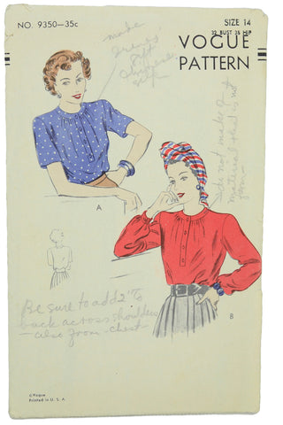 1942 Vogue 9350 Vintage Blouse Sewing Pattern Wartime