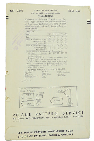 WWII 1942 Vogue 9350 Vintage Blouse Sewing Pattern