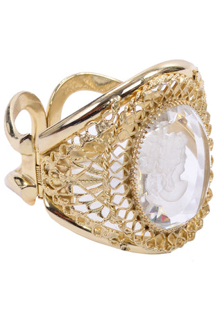 Vintage Whiting Davis Gold Clear Carved Cameo Clamper Bracelet