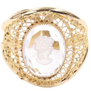 Vintage Whiting Davis Gold Clear Carved Cameo Clamper Bracelet lactice 