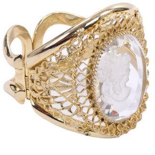 Vintage Whiting Davis Gold Clear Etched Cameo Clamper Bracelet
