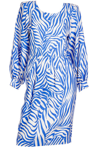 1980s Vintage Yves Saint Laurent Abstract Zebra Stripe Blue Silk Dress