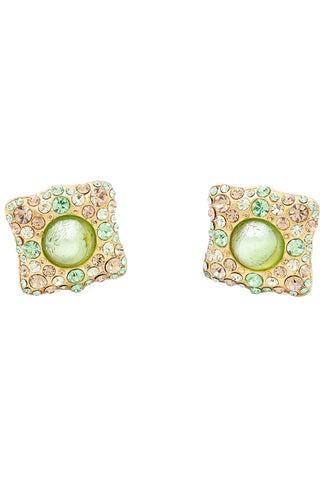 1980s Yves Saint Laurent Green and Gold Square Crystal Earrings