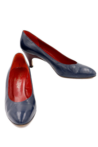1980s Yves Saint Laurent Vintage Navy Blue Shoes w Red Heels