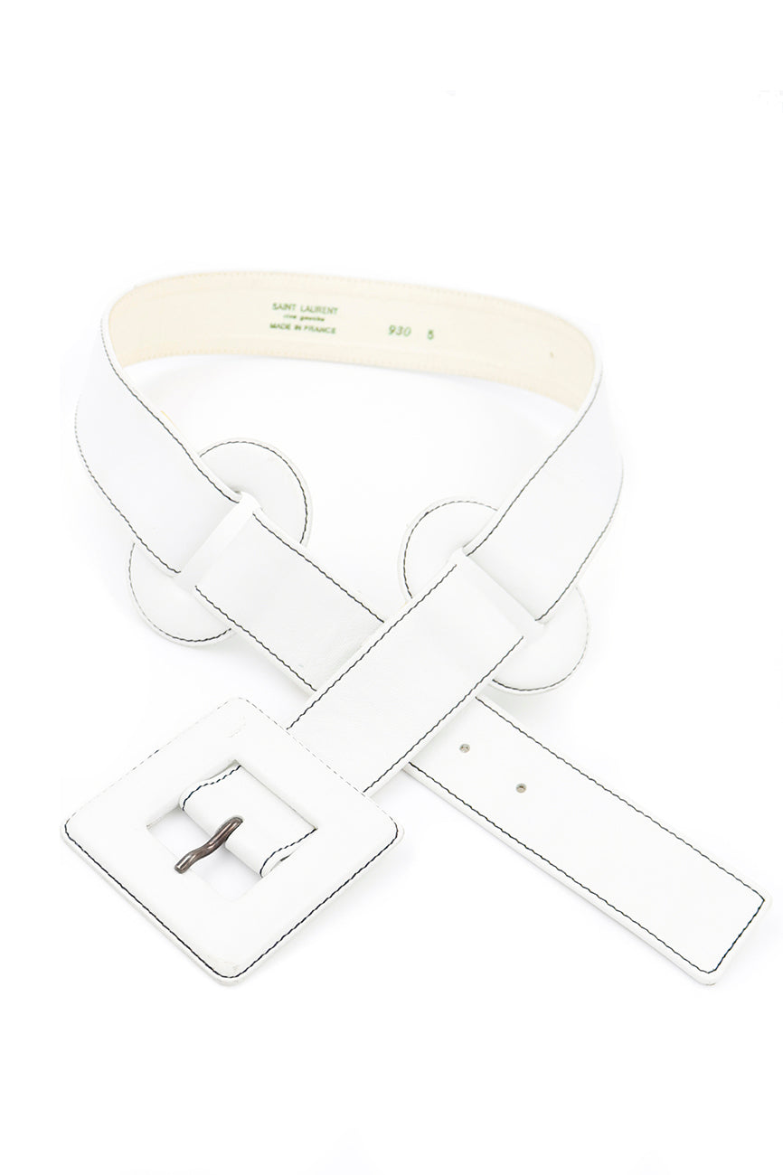 1980s Yves Saint Laurent White Leather Vintage Belt With Unique Loops