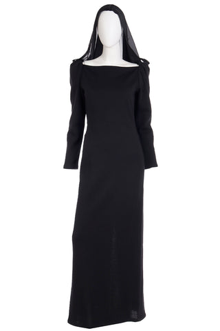 1990 Deadstock Yves Saint Laurent Long Black Evening Dress Gown W Lace & Hood