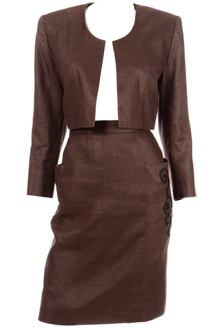 1980s Yves Saint Laurent Brown Linen 2 Pc Skirt & Cropped Jacket Suit