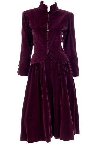 1980s YSL Russian Inspired Burgundy Velvet Evening Outfit w/ Skirt & Jacket