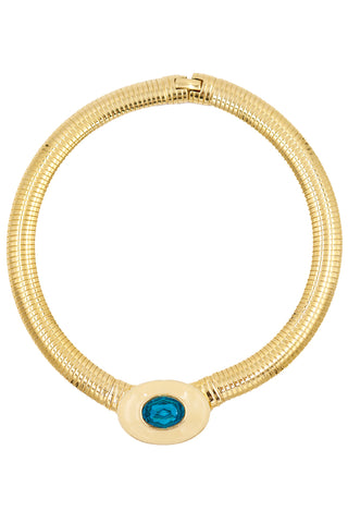 1980s YSL Gold Choker Tubogas Omega Necklace W Blue Crystal & Enamel
