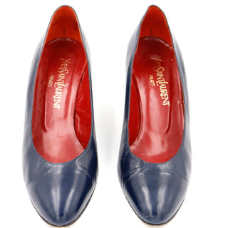 1980s Yves Saint Laurent Vintage Navy Blue Shoes w Red Heels Two Toned