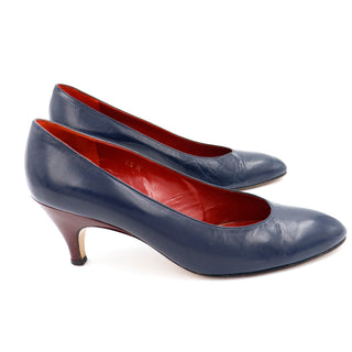 1980s Yves Saint Laurent Vintage Navy Blue Shoes w Red Heels 8.5