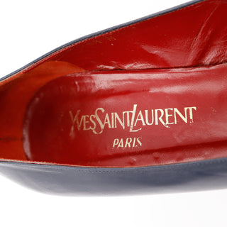1980s Yves Saint Laurent Paris Vintage Navy Blue Shoes w Red Heels