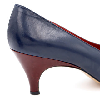 1980s Yves Saint Laurent Vintage Navy Blue Shoes w Red Heels Sz 8.5