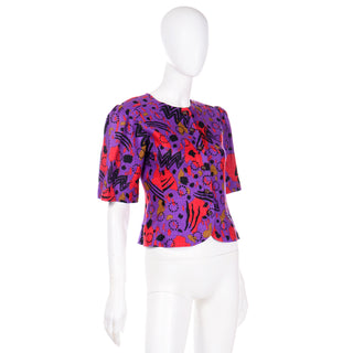 1980s YSL abstract print linen blouse with puff sleeves