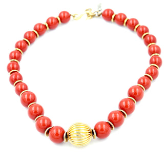 1980s Yves Saint Laurent Red Bead Necklace with Gold Textured Bead