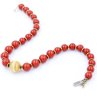 1980s Yves Saint Laurent Red Bead Necklace with Gold Textured Bead