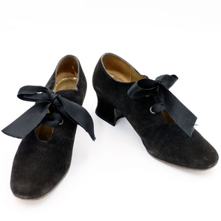 Vintage Yves Saint Laurent Black Suede Tie Shoes 7 M Satin Laces