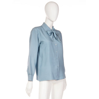 1970s Yves Saint Laurent Blue Silk Button Front Bow Blouse w Sash  Made in France