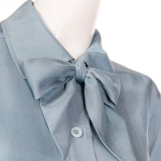 1970s Yves Saint Laurent Blue Silk Button Front Bow Blouse w Sash  YSL collection