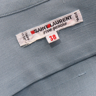 1970s Yves Saint Laurent Blue Silk Button Front Bow Blouse w Sash  Size 38