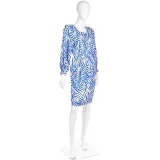 1988 Yves Saint Laurent Abstract Zebra Stripe Blue Silk Vintage Dress 1980s