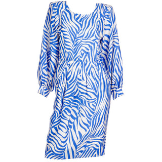 1988 Yves Saint Laurent Abstract Zebra Stripe Blue Silk Vintage Dress Size36