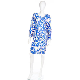 1988 Vintage Yves Saint Laurent Abstract Zebra Stripe Blue Silk Dress