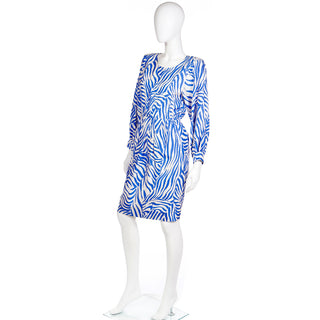 1980s Vintage Yves Saint Laurent Abstract Zebra Stripes Blue Silk Dress