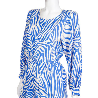 1988 Yves Saint Laurent Abstract Zebra Stripe Blue Silk Vintage Long Sleeve Dress 