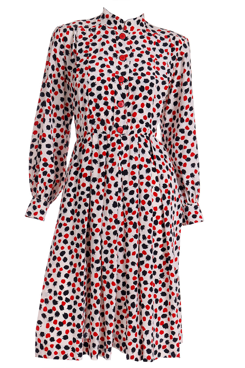 1980s Yves Saint Laurent YSL Abstract Red & Black Silk Polka Dot Dress Modig 1980s Yves Saint Laurent YSL Abstract Red & Black Silk Polka Dot Dress Modig