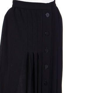 1990s Yves Saint Laurent Fine Black Wool Crepe Pleated Skirt with buttons