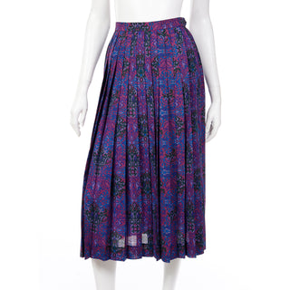 1980s Yves Saint Laurent Purple Floral Wool Challis Pleated Skirt