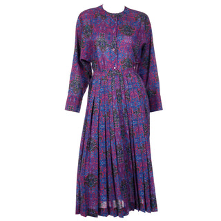 1980s Yves Saint Laurent Purple Floral Wool Challis Blouse & Skirt Outfit 2 pc Dress