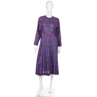 1980s Yves Saint Laurent Purple & Blue Floral Wool Challis Blouse & Skirt Outfit