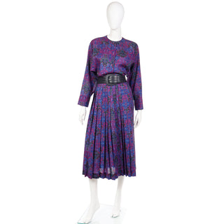 1980s Yves Saint Laurent Purple Floral Wool Challis Blouse & Skirt Outfit with belt