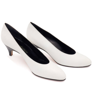 1980's YSL Yves Saint Laurent White Leather Shoes With Black Heels