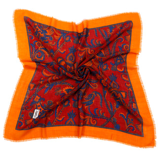 1980's Yves Saint Laurent Red Orange & Blue Wool Challis Square Scarf
