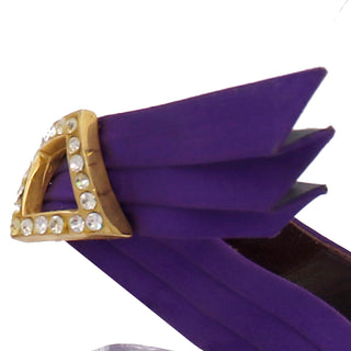 1985 Yves Saint Laurent Documented Purple Satin Rhinestone Slingback YSL Shoes Unique pleated detail