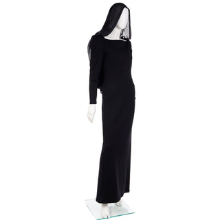 YSL 1990 Deadstock Yves Saint Laurent Long Black Evening Dress Gown W Lace & Hood