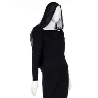 1990 Deadstock Yves Saint Laurent Long Black Evening Dress Gown W Lace & Hood Made in France S