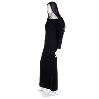 1990 Deadstock Yves Saint Laurent Long Black Evening Dress Gown W Lace & Hood S