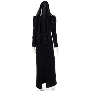 1990 Deadstock Yves Saint Laurent Long Black Evening Dress Gown W Lace & Hood Made in France