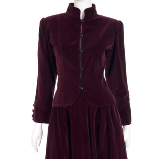 1980s YSL Russian Inspired Burgundy Velvet Evening Outfit w/ Skirt & Jacket Made in France