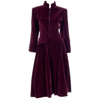 1980s YSL Russian Inspired Burgundy Velvet Evening Outfit w/ Skirt & Jacket Suit France