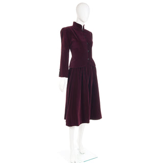 1980s YSL Russian Inspired Burgundy Velvet Evening Outfit w/ Skirt & Jacket France