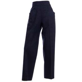 1980s Yves Saint Laurent Pants YSL Navy Blue High Waist Trousers w pockets