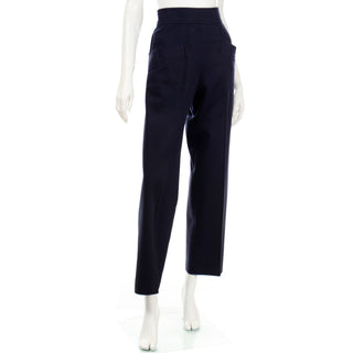 1980s Yves Saint Laurent Pants YSL Navy Blue High Waist Trousers with pockets