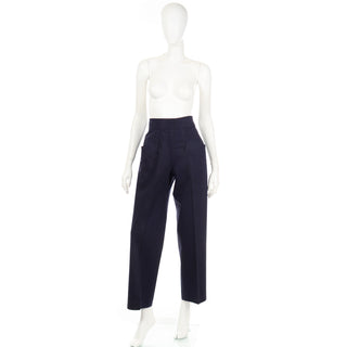 1980s Yves Saint Laurent Pants YSL Navy Blue High Waist Trousers with unique pockets
